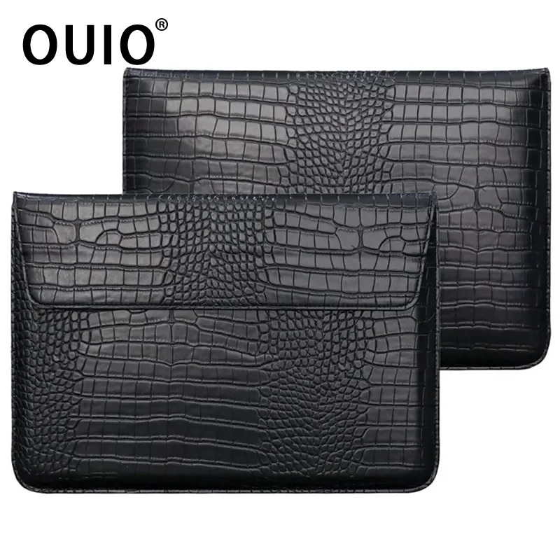 Laptop Bag Leather 15 - OUIO Crocodile Leather Flip Laptop Sleeve