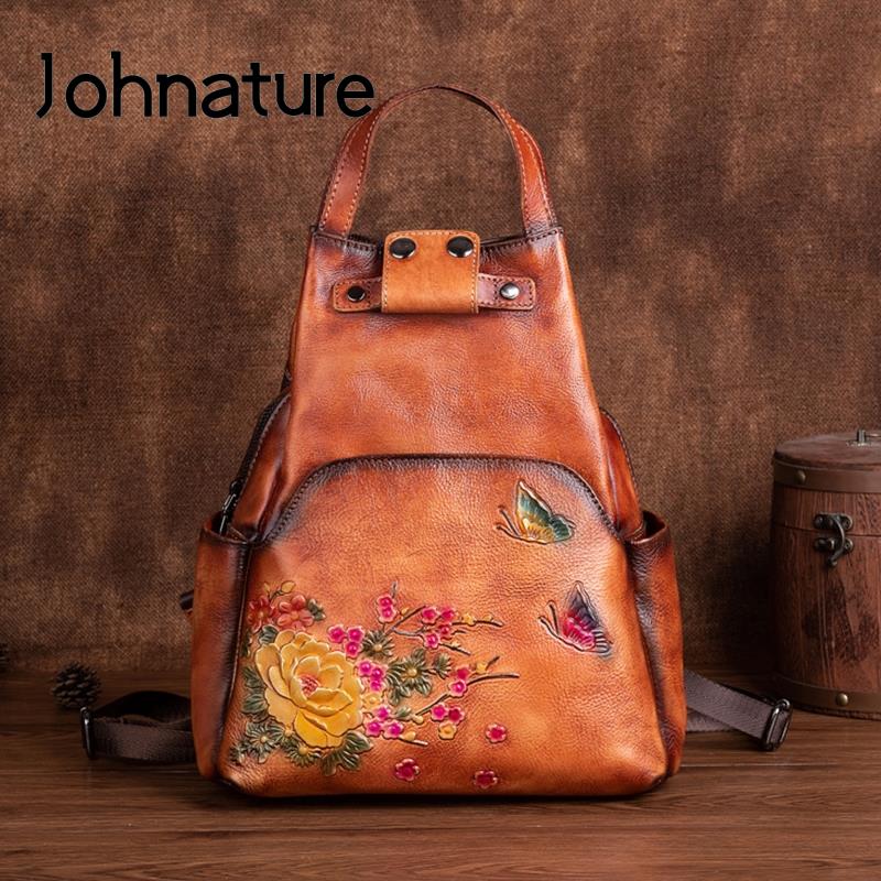 Genuine Leather Backpack - Johnature Genuine Leather Embossed Shoulder Bag
