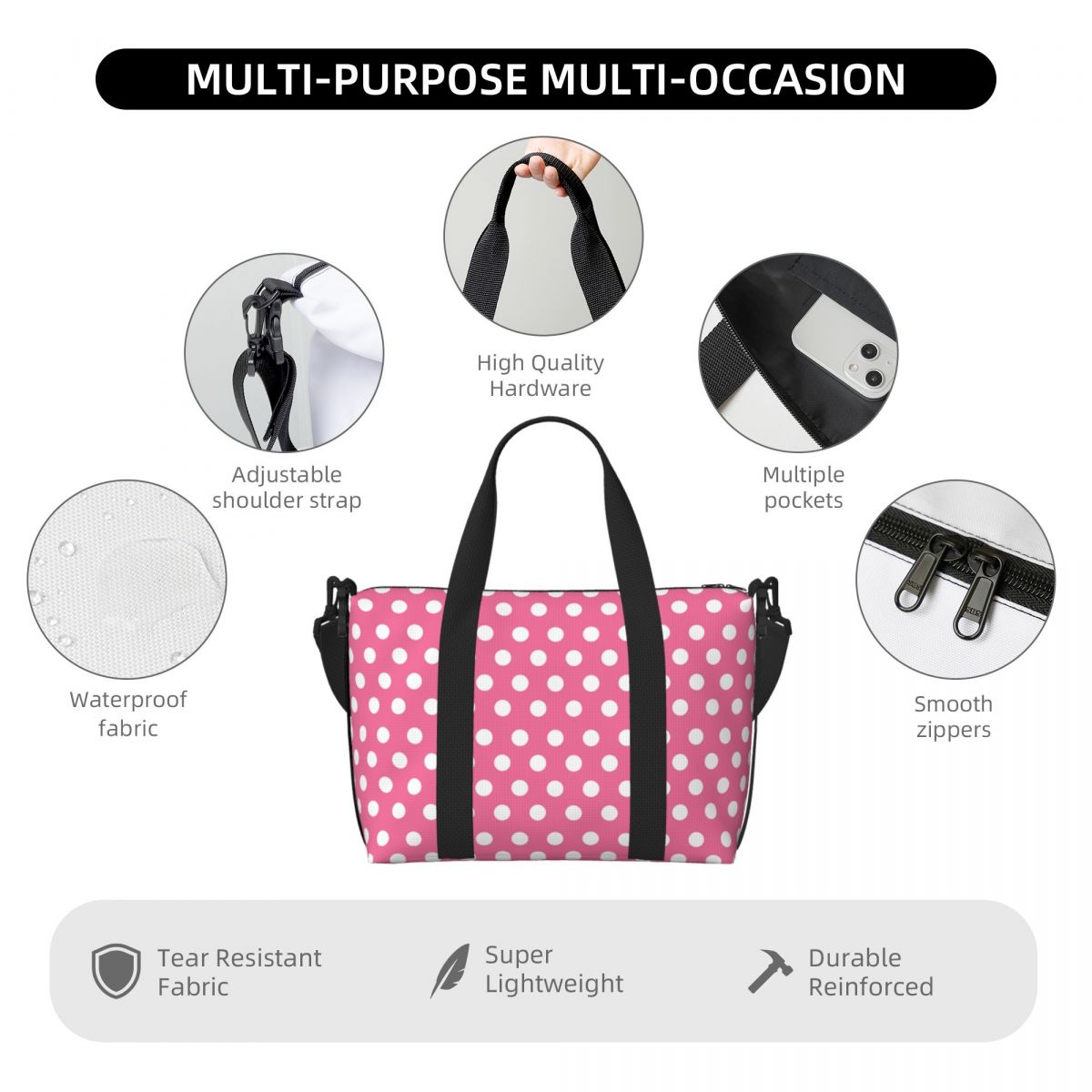 Pink Polka Dots Tote Bag Large - Luxury Bags Luggage 评论和价格