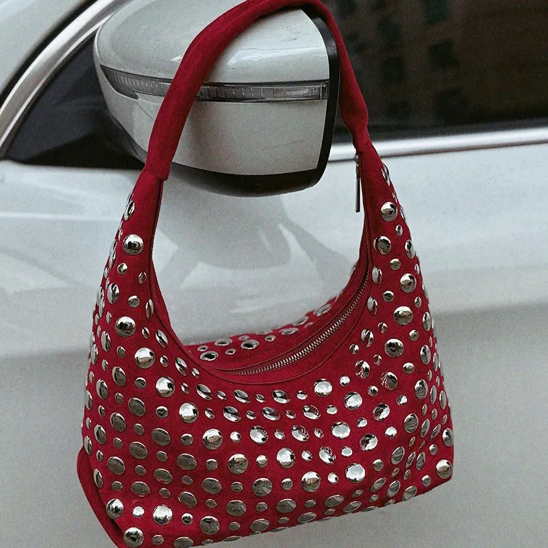 Fashion Studded Shoulder Bag F - Half Moon Bag Suede 评论和价格